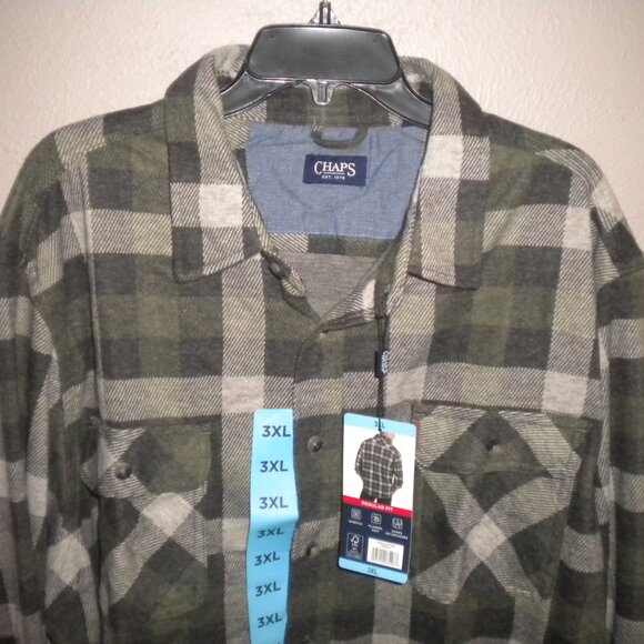 CHAPS Men's Size 3XL Knit Button Up Stretch Green Plaid Flannel Shirt NWT - Picture 3 of 5